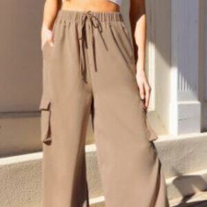 Tan Elastic Waist Wide Leg Cargo Pants